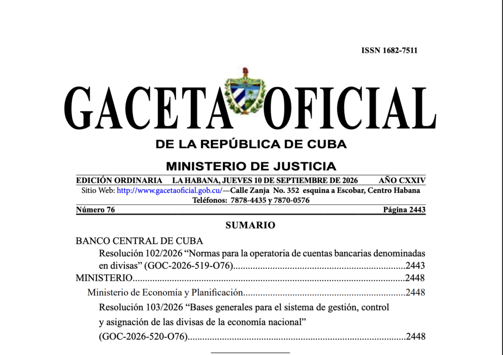 A kubai Gaceta Oficial 76-os számának nyitóoldala a devizaszámlákról szóló 102/2026-os szabályzattal