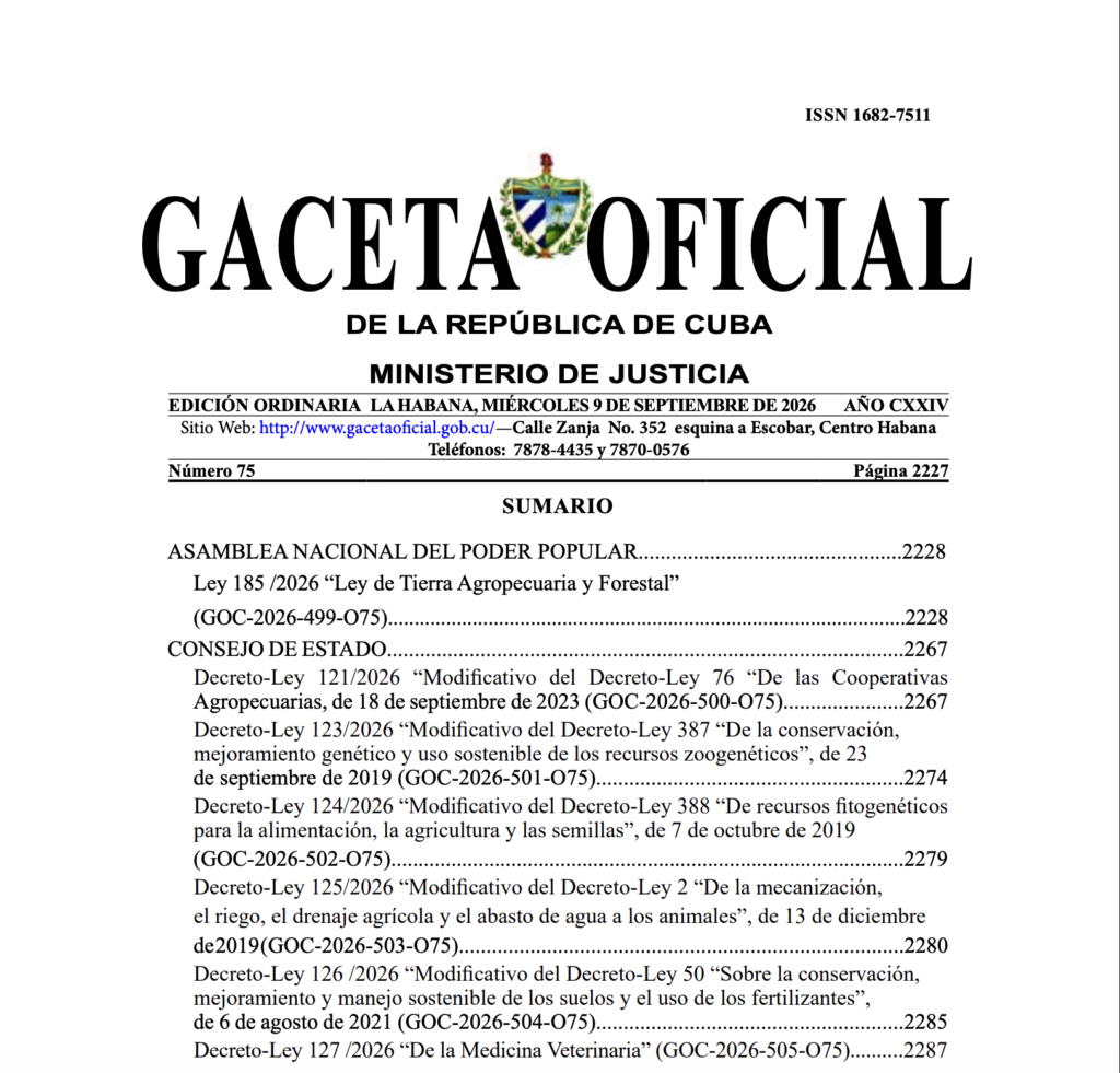 A Gaceta Oficial 75. rendes száma, amelyben a Ley 185 földtörvény megjelent